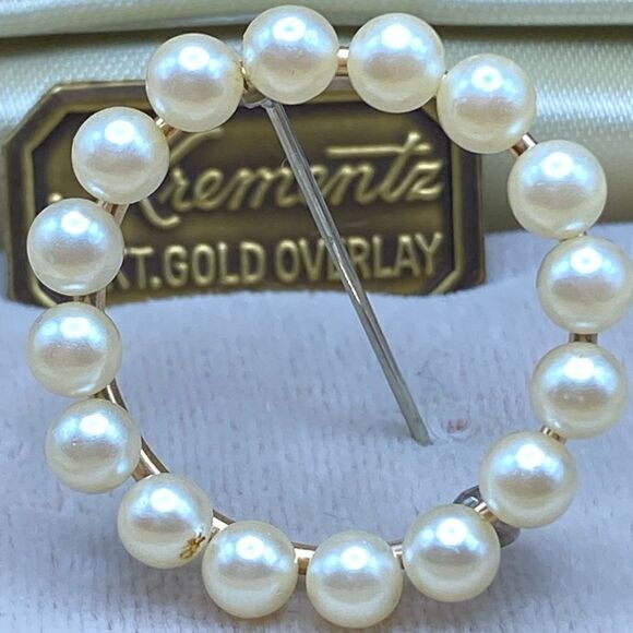 Antique Krementz 14K gold overlay 16 freshwater pearl brooch with original box - Picture 5 of 7